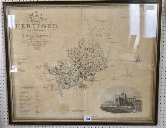Map of The County of Hertfordshire by C&J Greenwood & Co, 1834 with vignette of St. Albans Abbey